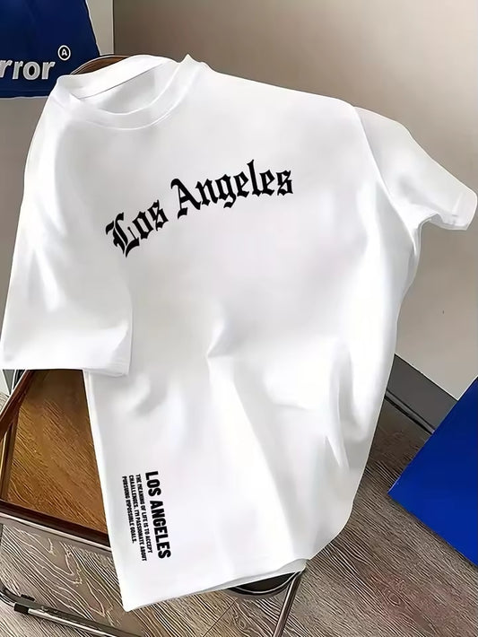 Men's Summer 100% Cotton Fashion Los Angeles Letter Printed Loose Large Casual Comfortable Round Neck Short Sleeve T-shirt Top