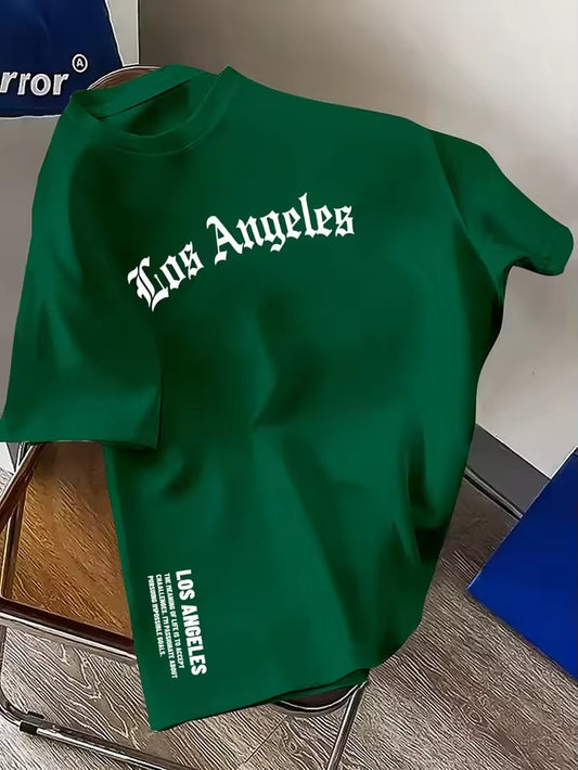Men's Summer 100% Cotton Fashion Los Angeles Letter Printed Loose Large Casual Comfortable Round Neck Short Sleeve T-shirt Top